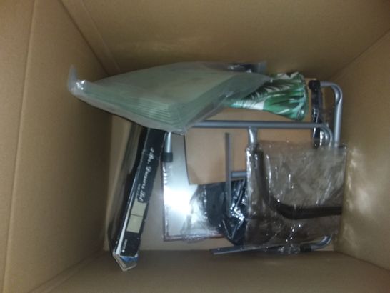 LARGE BOX OF ASSORTED HOMEWARE TO INCLUDE OMELETTE MAKER WEIGHT BELT AND PLUNGER