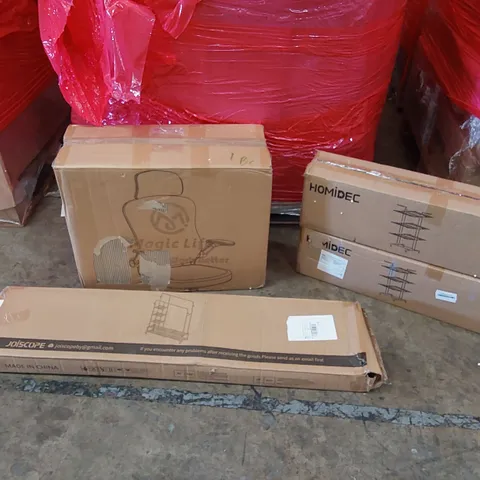 PALLET OF ASSORTED ITEMS INCLUDING: OFFICE CHAIR, EXERCISE BIKE, METAL DRYING RACKS, METAL SHELVES