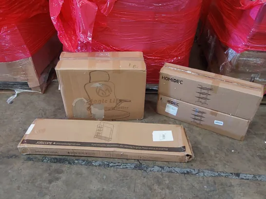 PALLET OF ASSORTED ITEMS INCLUDING: OFFICE CHAIR, EXERCISE BIKE, METAL DRYING RACKS, METAL SHELVES