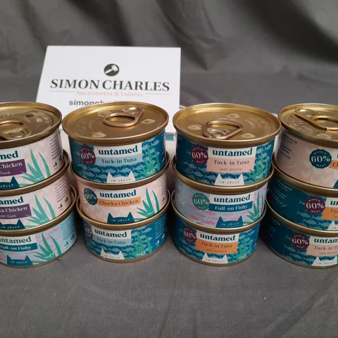 LOT OF 12 UNTAMED 75G TINS OF CAT FOOD WITH TOTE BAG