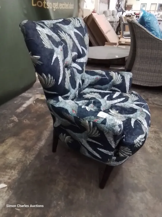 QUALITY BRITISH DESIGNER LOUNGE Co. UPHOLSTERED OCCASSIONAL CHAIR BIRDS OF PARADISE BLUE FABRIC 