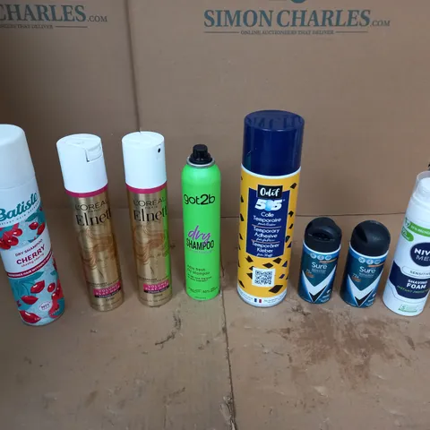 APPROXIMATELY 10 ASSORTED AEROSOLS TO INCLUDE GOT2BE DRY SHAMPOO, LOREAL VOLUME FLAT HAIR, NIVEA SHAVING FOAM ETC. 