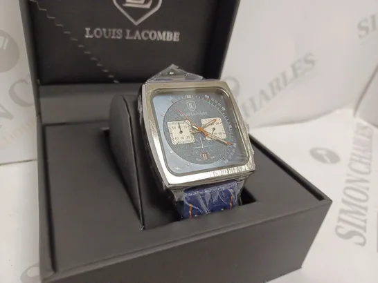 LOUIS LACOMBE MENS CHRONOGRAPH WATCH - SQUARE BLACK DIAL WITH WHITE SUB DIALS - SILVER STAINLESS STEEL CASE - 3ATM WATER RESISTANT - BLUE LEATHER STRAP - DISPLAY BOX