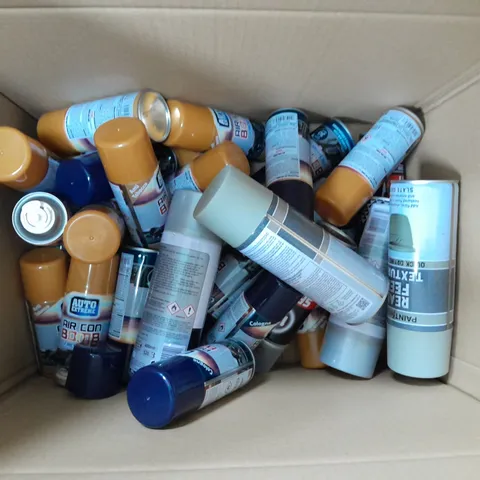 BOX OF ASSORTED SPRAY CANS IN VIRES SIZE AND COLOUR / COLLECTION ONLY  