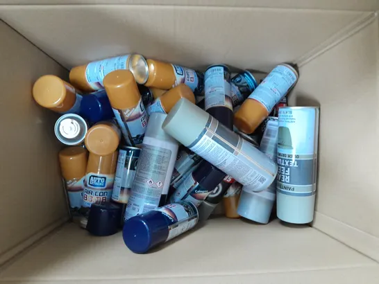 BOX OF ASSORTED SPRAY CANS IN VIRES SIZE AND COLOUR / COLLECTION ONLY  