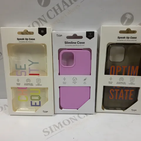 BOX OF APPROXIMATELY 55 TYPO PHONES CASES ('SLIMLINE CASE' & 'SPEAK UP CASE') FOR IPHONE 11, 12 MINI, 12/12PRO IN VARYING COLOURS