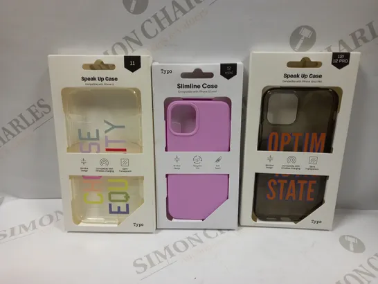 BOX OF APPROXIMATELY 55 TYPO PHONES CASES ('SLIMLINE CASE' & 'SPEAK UP CASE') FOR IPHONE 11, 12 MINI, 12/12PRO IN VARYING COLOURS