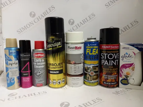  BOX OF APPROX 12 ASSORTED AEROSOLS TO INCLUDE TRESEMME HAIRSPRAY, FLEA KILLER, PAINT FACTORY STOVE PAINT, ETC 