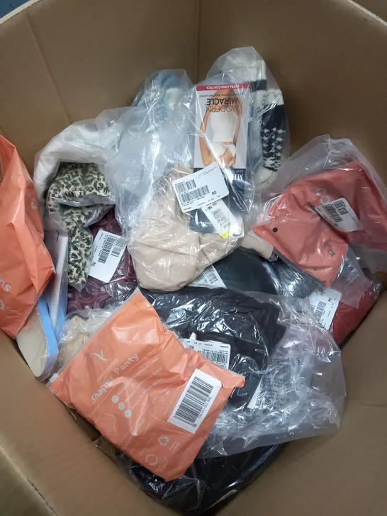 BOX OF ASSORTED CLOTHING ITEMS TOO INCLUDE TOPS , JUMPERS, AND PANTS ETC. 