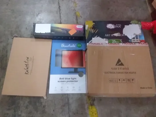 PALLET OF ASSORTED ITEMS INCLUDING SORTFIELD ELECTRICAL CONVECTOR HEATER, ANTI BLUE LIGHT SCREEN PROTECTOR, KALAMITICA MAGNETIC SYSTEM, SMART MONITOR LIGHT BAR, ARTINA PREMIUM ART SET