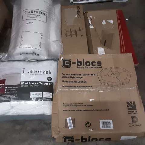 PALLET OF ASSORTED PRODUCTS INCLUDING G-BLOCS PARASOL BASE SET, HOMIDEC, LAKHMAALI MATTRESS TOPPER, PROFESSIONL INSECT KILLER, PAPER CUTTER