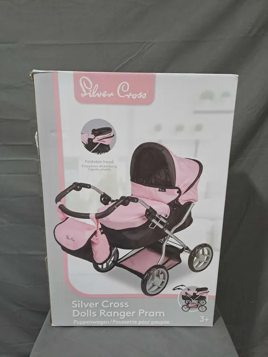 BOXED SILVER CROSS DOLLS RANGER PRAM IN PINK/BLACK