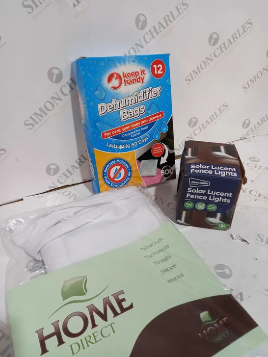 BOX OF APPROXIMATELY 20 ITEMS TO INCLUDE SOLAR LUCENT FENCE LIGHTS, DEHUMIDIFIER BAGS, YARN ETC