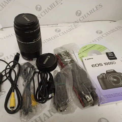 LOT OF ACCESSORIES FOR CANON EOS 1000D INCLUDES ZOOM LENS EF 75-300MM, POWER AND SYNC CABLES AND CARRY STRAP