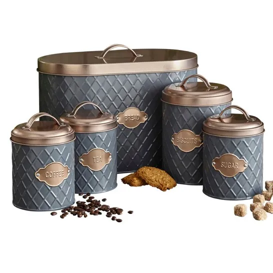 BOXED NEO GREY EMBOSSED 5 PIECE KITCHEN CANNISTER SET (1 BOX)