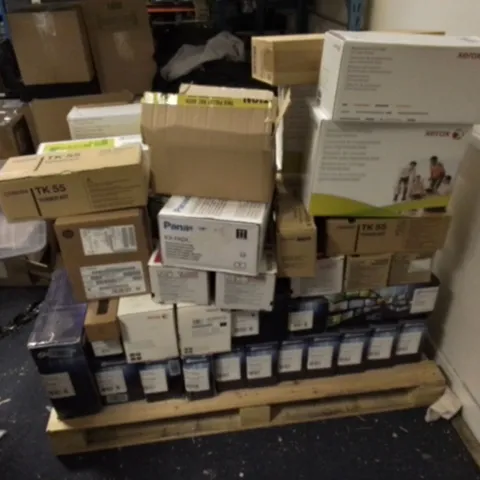 PALLET OF APPROXIMATELY 60 ASSORTED REPLACEMENT PRINTER CATRRIDGES TO INCLUDE DATAPRODUCTS, XEROX, KATUN, KYOCERA