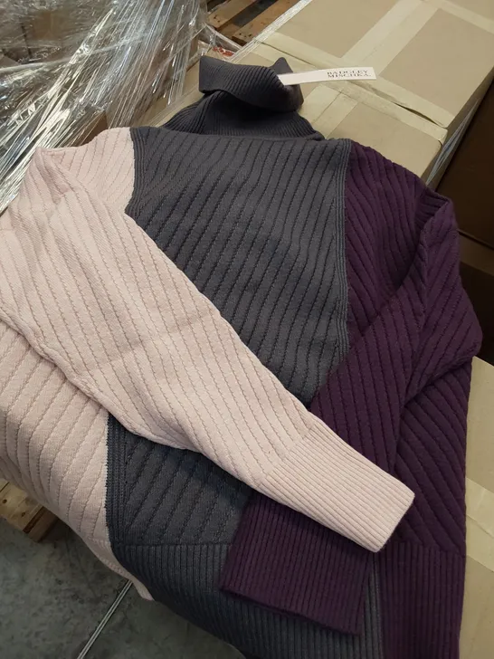 CASE OF 11 BRAND NEW BADGLEY & MISCHKA TRI COLOURED ROLL NECK JUMPERS SIZE M