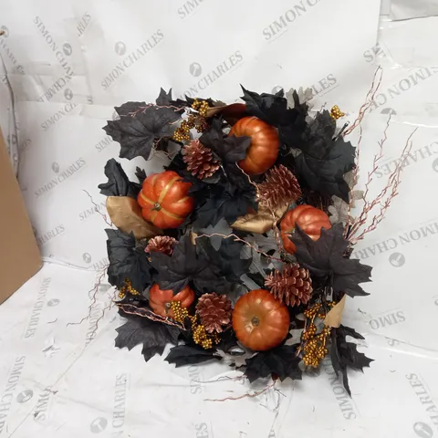 AUTUMN PRE-LIT BLACK LEAF WREATH WITH PUMPKINS