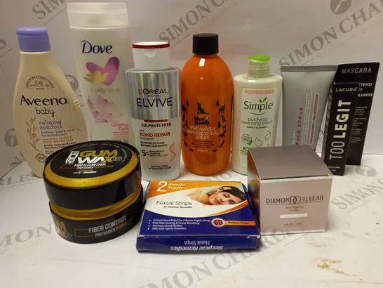 LOT OF APPROX 10 ASSORTED BEAUTY PRODUCTS TO INCLUDE L'OREAL ELVIVE BOND REPAIR SHAMPOO, SIMPLE CLEANSING LOTION, DIAMOND CELLULAR ANTI-AGING CREAM, ETC 