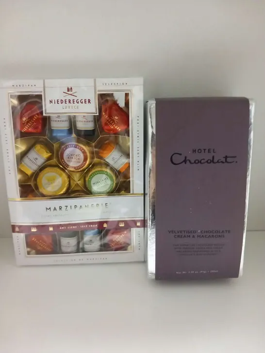 HOTEL CHOCOLAT VELVETISED CHOCOLATE CREAM AND MACARONS AND NIEDREGGER LUBECK MARZIPANERIE