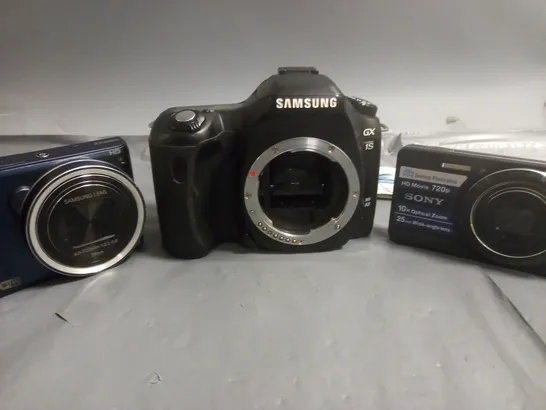 LOT OF 3 ASSORTED DIGITAL CAMERAS INCLUDES SAMSUNG GX 1S, SAMSUNG WB200F AND SONY CYBER SHOT