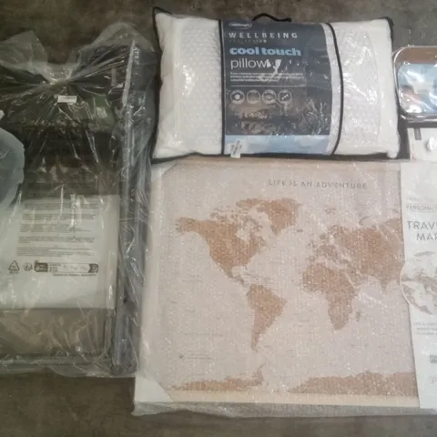 PALLET OF ASSORTED ITEMS INCLUDING SILENTNIGHT COOLER TOUCH PILLOW,  AIR FRYER PAPER LINERS, TRAVEL MAP WITH PINS, TIMBER RIDGE DIRECTORS CHAIR, PHONE CASES 