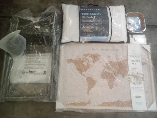 PALLET OF ASSORTED ITEMS INCLUDING SILENTNIGHT COOLER TOUCH PILLOW,  AIR FRYER PAPER LINERS, TRAVEL MAP WITH PINS, TIMBER RIDGE DIRECTORS CHAIR, PHONE CASES 