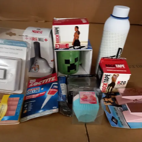 LOT OF ASSORTED HOUSEHOLD ITEMS TO INCLUDE ELECTRONIC TIME DELAY SWITCH, ROCK TAPE AND MINECRAFT CUP