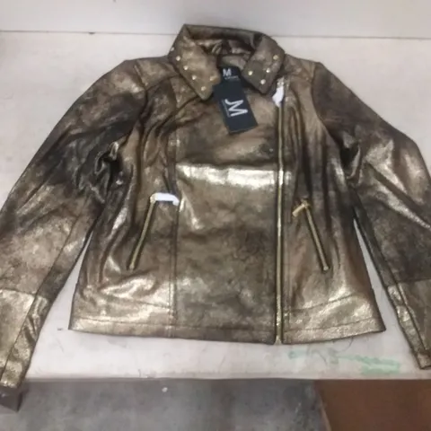 BOX OF APPROX 11 JULIEN MACDONALD METALLIC BIKER JACKETS BLACK/GOLD - SIZE 10 AND 1 JULIEN MACDONALD METALLIC BIKER JACKET PINK/GOLD SIZE 8