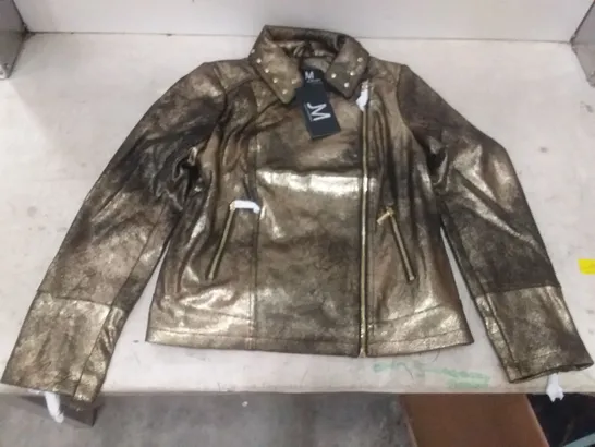 BOX OF APPROX 11 JULIEN MACDONALD METALLIC BIKER JACKETS BLACK/GOLD - SIZE 10 AND 1 JULIEN MACDONALD METALLIC BIKER JACKET PINK/GOLD SIZE 8