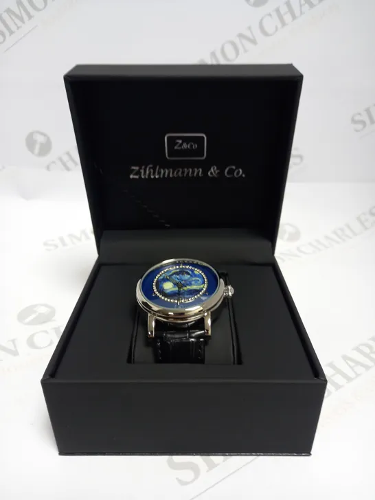 MENS ZIHLMANN & CO AUTOMATIC WATCH – Z150 – MOONPHASE DIAL – GLASS EXHIBITION BACKCASE - SILVER COLOUR CASE – BLACK LEATHER STRAP