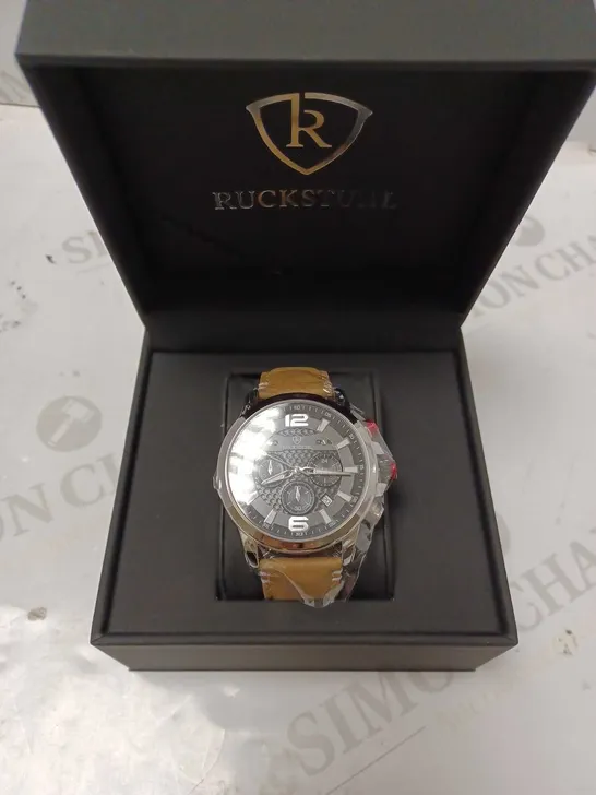 RUCKSTUHL BLACK TRIPLE DIAL BROWN LEATHER STRAP WRISTWATCH