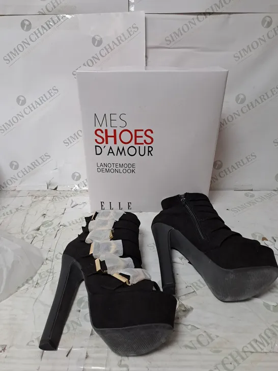 APPROXIMATELY 12 PAIRS OF BOXED MES SHOES D'AMOUR DEMONLOOK VIXEN BLACK HEELS - SIZE VARIATION 