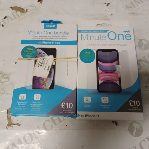 LOT OF 20 ASSORTED MINUTE ONE CLEAR CASE & SCREEN PROTECTOR KITS FOR IPHONE 11 AND 11 PRO