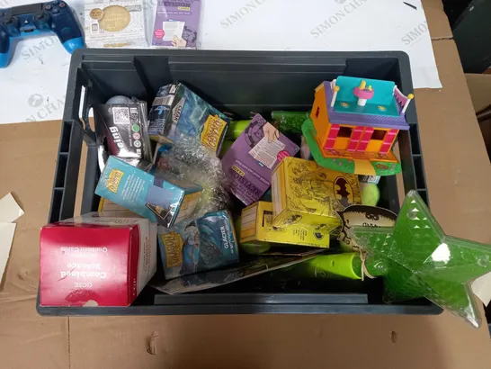 BOX OF APPROX 15 ASSORTED TOYS TO INCLUDE - PS4 CONTROLLER, HOT WHEELS CAR, DRAGON SHIELD CARD SLEEVES