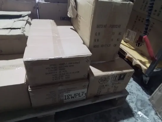 PALLET CONTAINING 9 MULTIPACK BOXES OF ASSORTED LIGHTING ITEMS TO INCLUDE EMCOLITE SUSPENSION LIGHTS, WIRED SPOTLIGHTS AND SUNBEAM BULBS