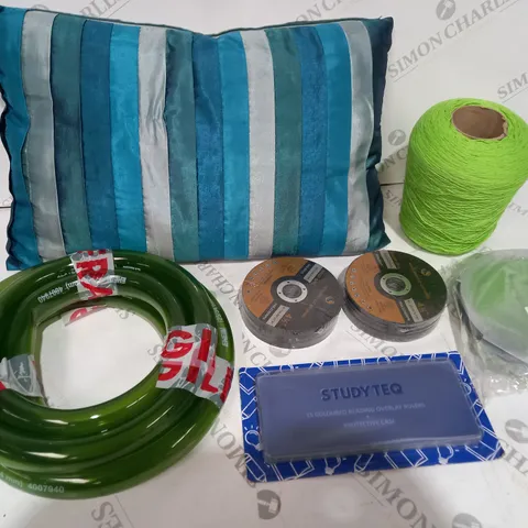 BOX OF APPROXIMATRELY 10 ITEMS TO INCLUDE PLASTIC PIPING, HOUSE PILLOW, YARN ETC