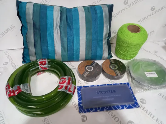 BOX OF APPROXIMATRELY 10 ITEMS TO INCLUDE PLASTIC PIPING, HOUSE PILLOW, YARN ETC