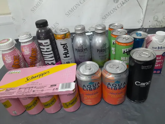 LOT OF 15 ASSORTED DRINK ITEMS TO INCLUDE PRIME, PURDEYS AND AQUA LIBRA