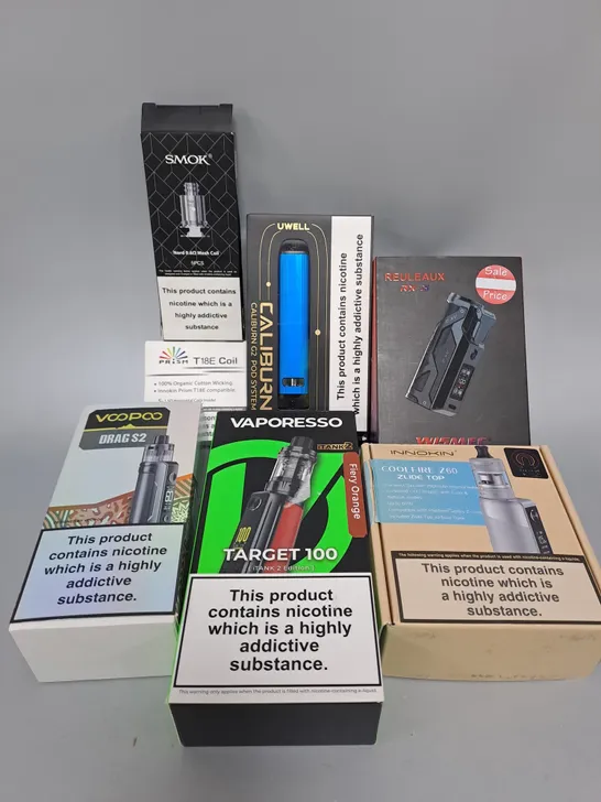 BOX OF APPOROXIMATELY 15 ASSORTED E-CIGARATTES TO INCLUDE VAPEROSSO , SMOK, INNOKIN ETC.