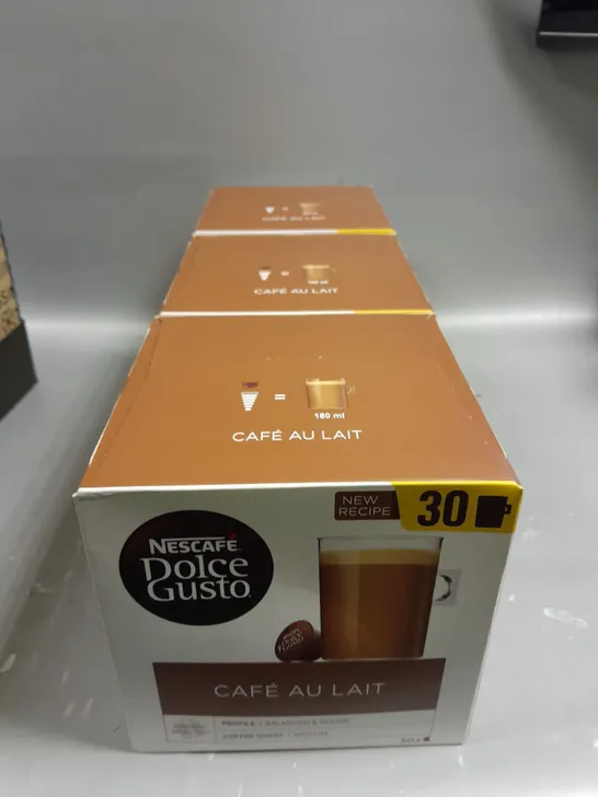 3 X BOXED NESCAFE DOLCE GUSTO CAFÉ AU LAIT CAPSULES - 30 CAPSULES PER BOX 