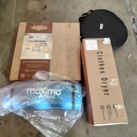 PALLET OF ASSORTED ITEMS INCLUDING CLOTHES DRYER, MAXIMO FITNESS, POP UP TENT, HAKUNA MATTE XXL JUNGLE SUNSET, TRAMPOLINE 48"