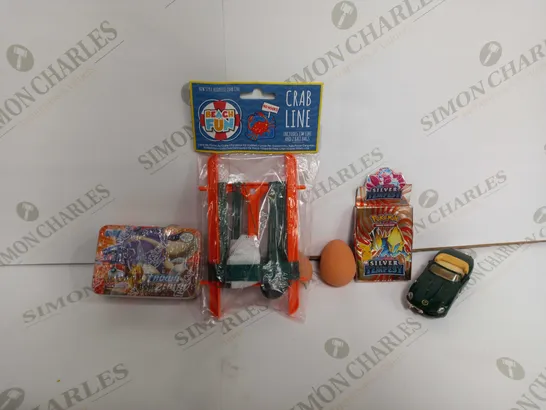 BOX OF APPROX 20 ASSORTED ITEMS TO INCLUDE - CRAB LINE - BOUNCY EGGS - POKEMON CROWN ZENITH CARDS ECT 