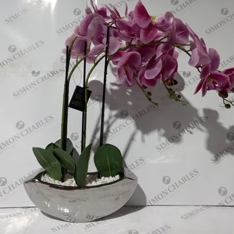 BOXED JM BY JULIEN MACDONALD 3 STEM REAL TOUCH FAUX ORCHID IN CERAMIC METALLIC VESSEL