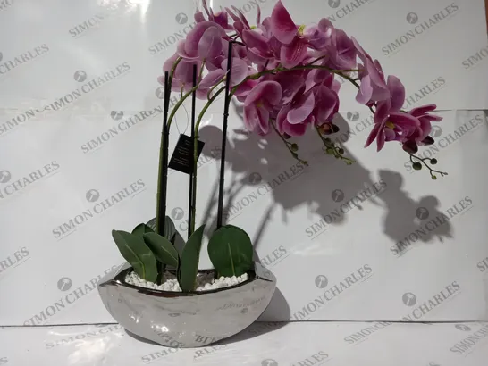 BOXED JM BY JULIEN MACDONALD 3 STEM REAL TOUCH FAUX ORCHID IN CERAMIC METALLIC VESSEL