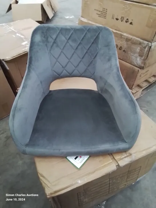 A BOXED PAIR OF OPEN BACK GREY VELVET UPHOLSTERED SIDE/DINING ROOM CHAIRS