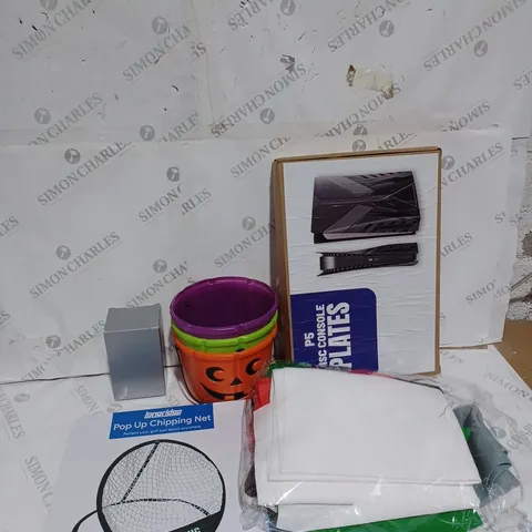 MEDIUM BOX OF ASSORTED TOYS TO INCUDE PLAYSTATION PLATES, HALLOWEEN TUBS AND POP UP CHIPPING NET