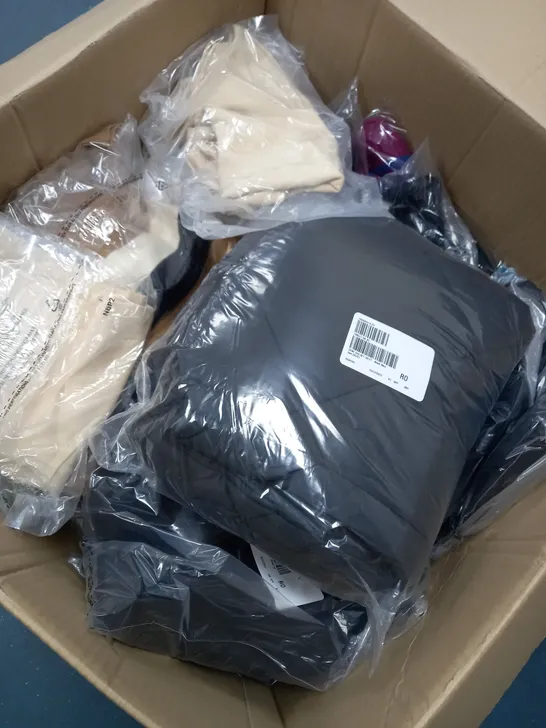 BOX OF ASSORTED CLOTHING ITEMS TOO INCLUDE TOPS , JUMPERS, AND PANTS ETC. 