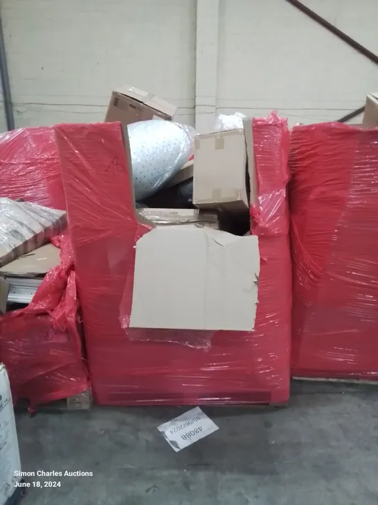 PALLET OF HOUSEHOLD ITEMS AND CONSUMER GOODS TO INCLUDE:  KIDS KITCHEN PLAYSET, TOILET SEAT, COAT HANGER, BOXED FURNITURE ETC 