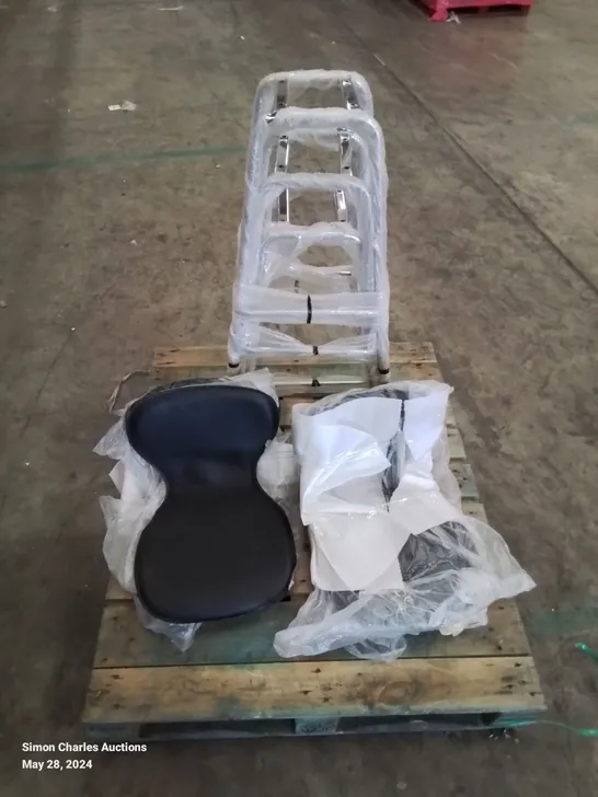 A PALLET OF BAR STOOL BASES AND SEATS TO INCLUDE 3 BASES AND 6 LEATHER UPHOLSTERED SEATS